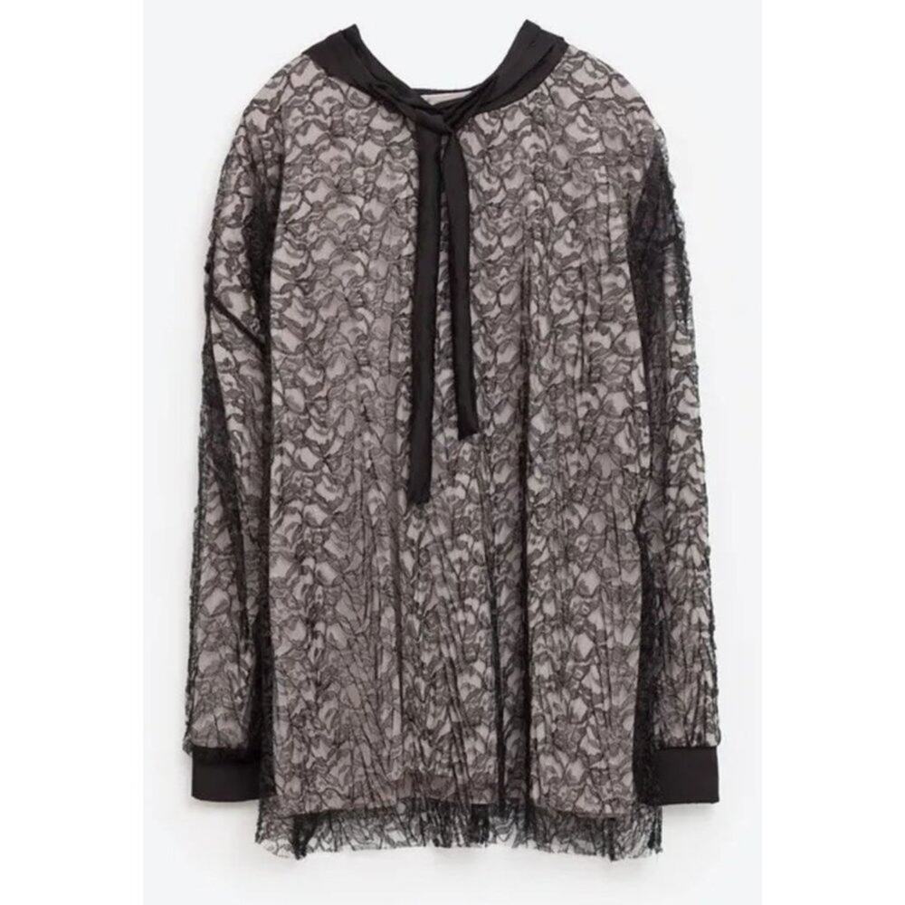 Zara Women Size L Lace Hoodie Sweatshirt Nude Black Hoodie Pullover NWT Top
